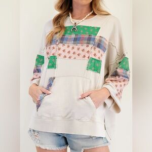 easel Cream Patchwork Pullover with Green, Pink & Blue Accents